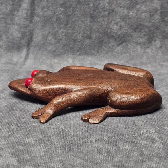 Vintage Hand Carved Mahogany Wooden Red Eyed Frog Toad Figurine - Picture 3 of 9